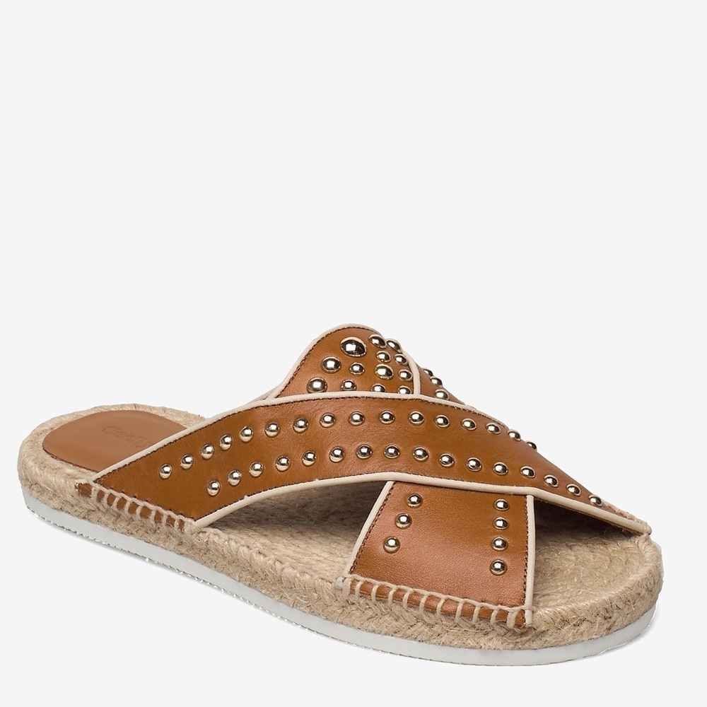 See By Chloé Pia Studded Crisscross Leather Espadrille Slides in Tan - Picture 5 of 10
